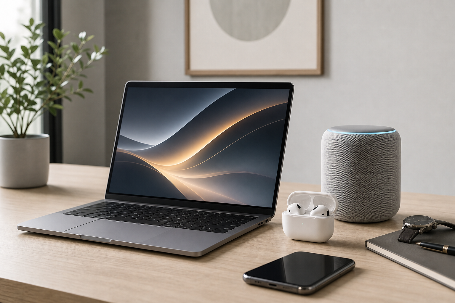 Premium electronics lifestyle scene with sleek devices on a modern workspace