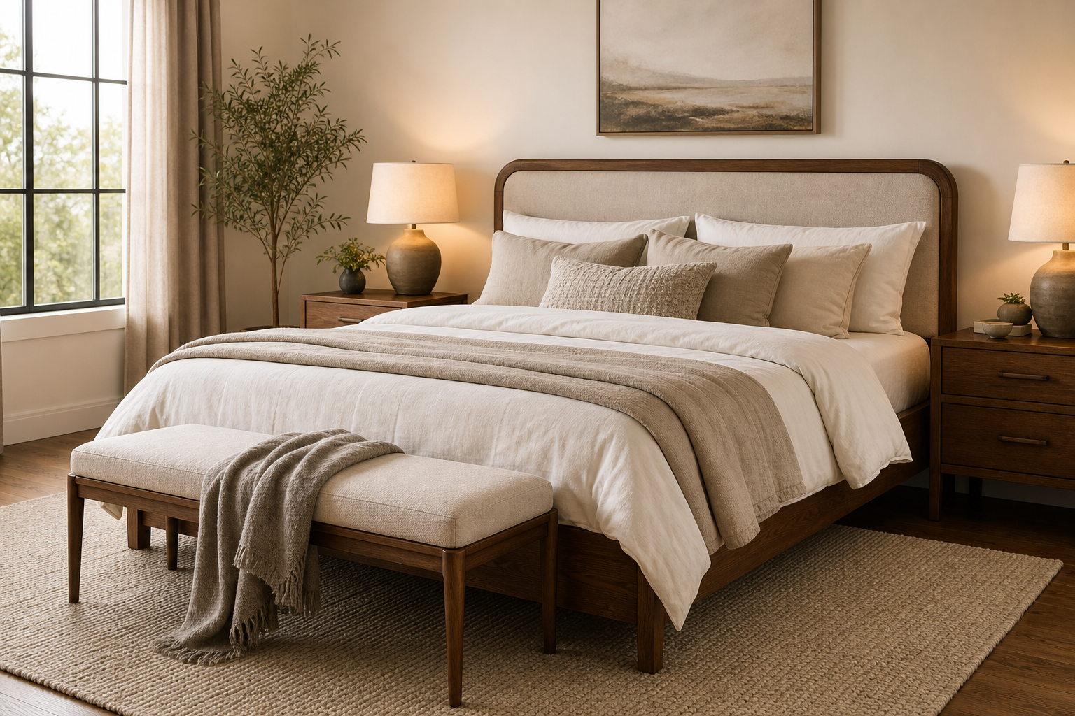 Calm bedroom with an upholstered bed, warm wood nightstands, and soft linen bedding