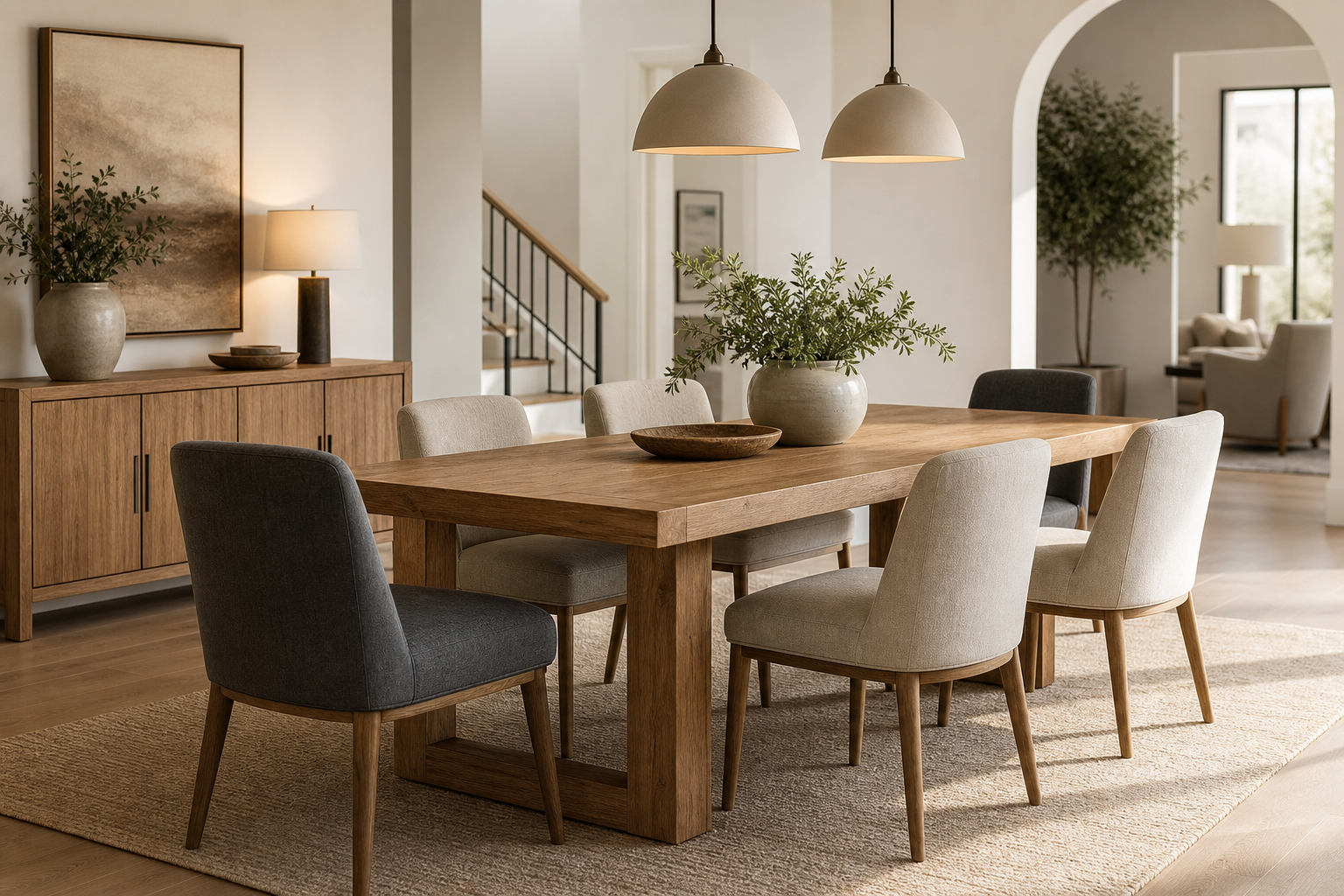Dining room with a rectangular wood table, mixed upholstered chairs, and pendant lighting