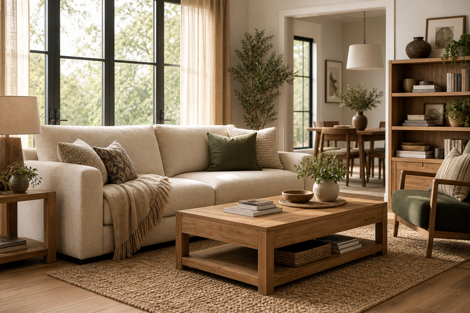 Inviting furnished living room with natural daylight, warm neutral seating, layered textures, and calm contemporary styling