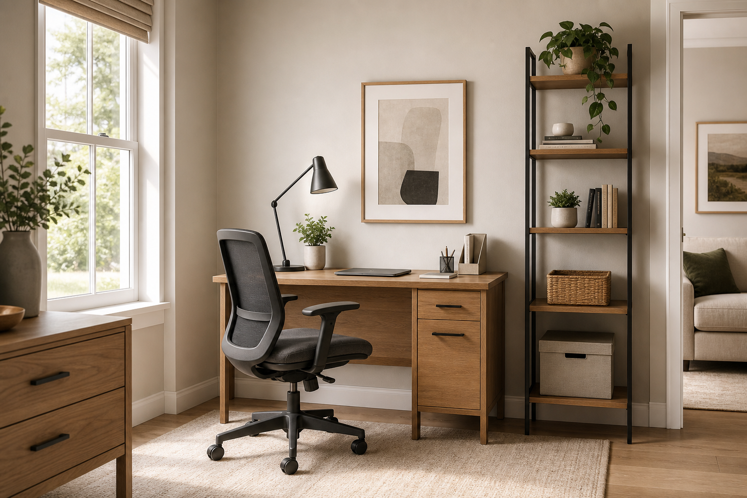 Home office with a streamlined desk, ergonomic chair, and compact shelving