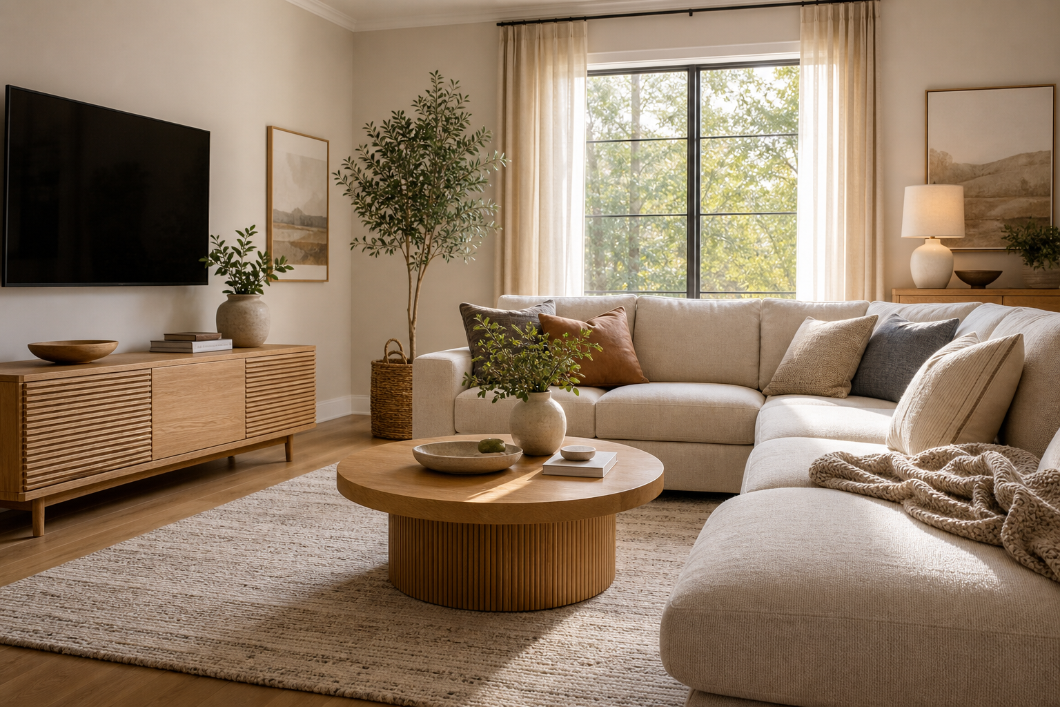 Sunlit living room with a curved sofa, oak coffee table, and layered textiles