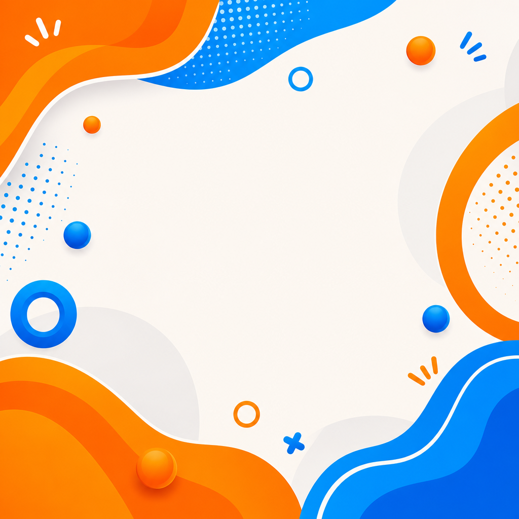 Abstract thumbnail with bright orange and blue swooshes, dotted accents, and playful geometric shapes