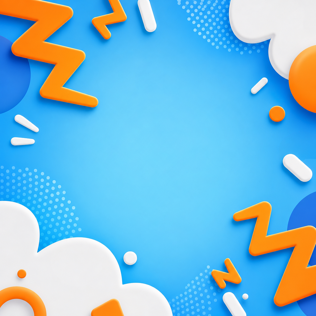 Playful abstract thumbnail with sky-blue background, orange zigzags, and rounded white shapes