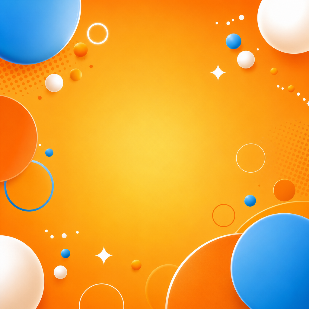 Abstract thumbnail with warm orange gradient, blue circles, and playful dotted patterns
