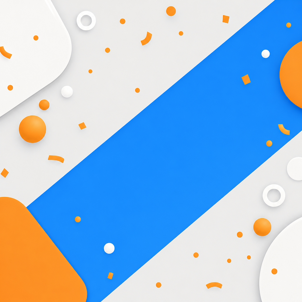 Abstract thumbnail with light gray base, orange confetti, and bold blue diagonal stripe