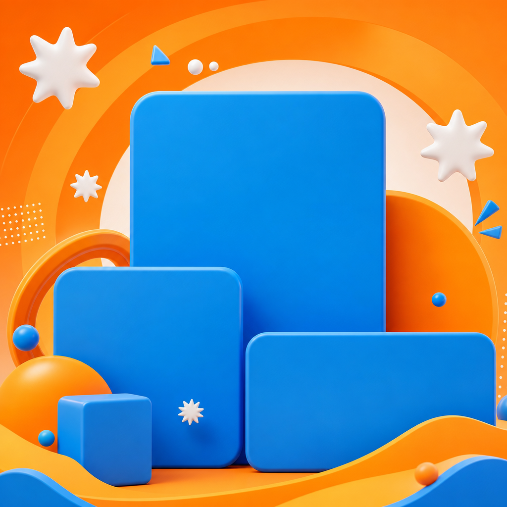 Abstract thumbnail featuring bright blue blocks, orange curves, and white starbursts