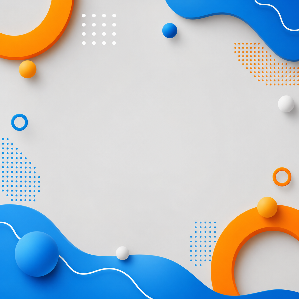 Abstract thumbnail with soft gray background, orange rings, blue waves, and playful dots