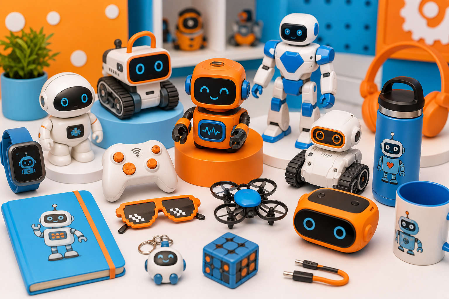 Large friendly placeholder area for a colorful robot gadgets collage