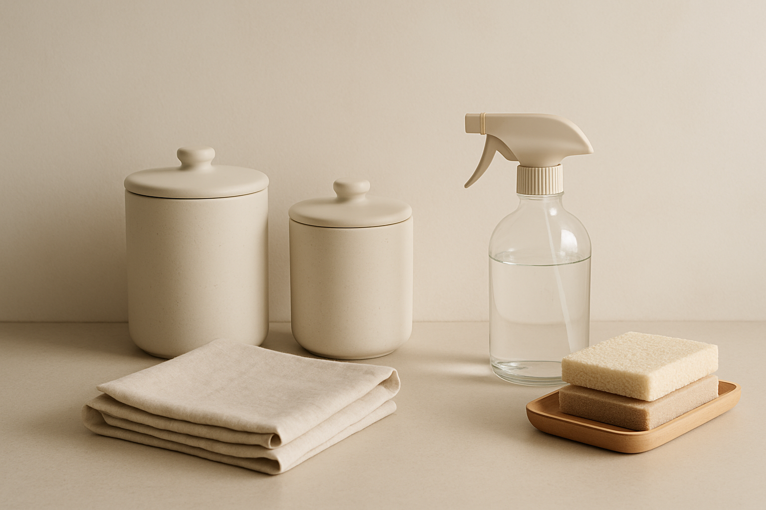 Neatly arranged household essentials on a clean countertop