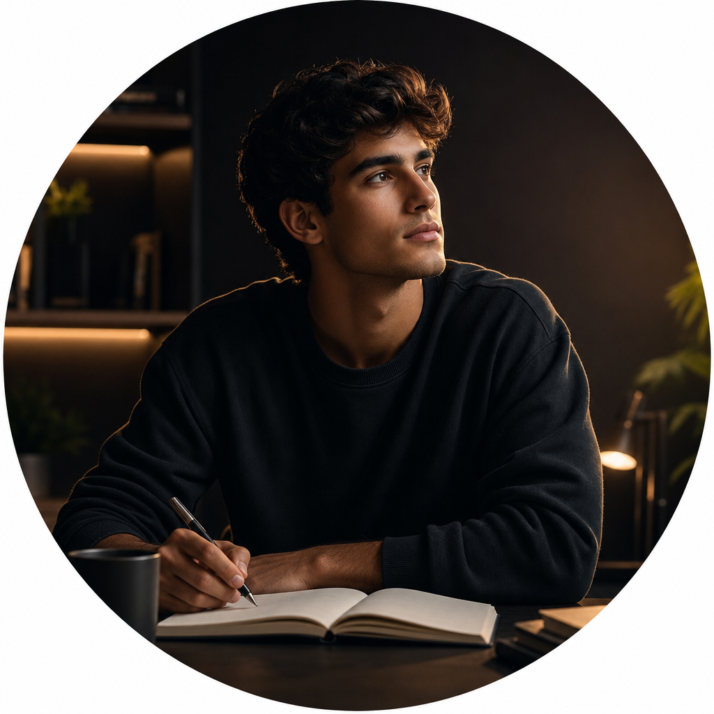 Cinematic circular portrait of a young adult reflecting with notebook and warm rim light