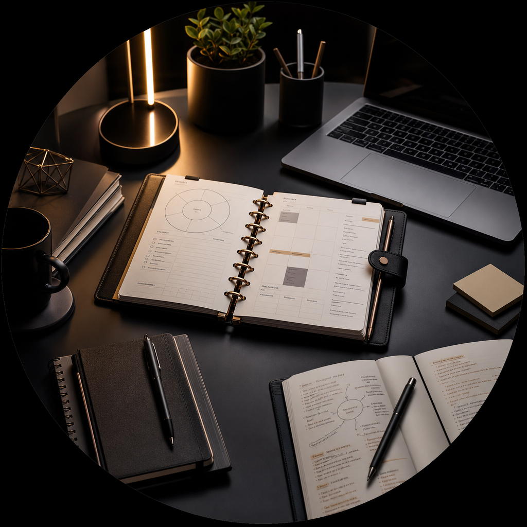 Cinematic circular workspace scene with planner, laptop, and organized study tools
