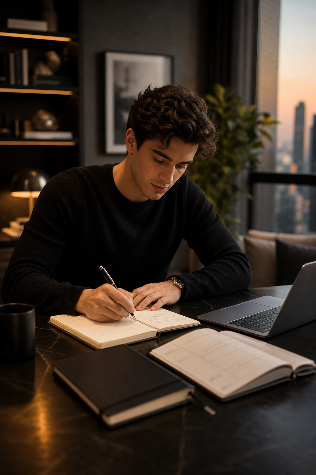 Confident young adult in a refined modern apartment writing plans at a desk with warm evening light and a cinematic lifestyle mood