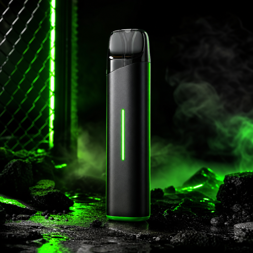Sleek black and neon green vape pod device with metallic accents and a matching cartridge