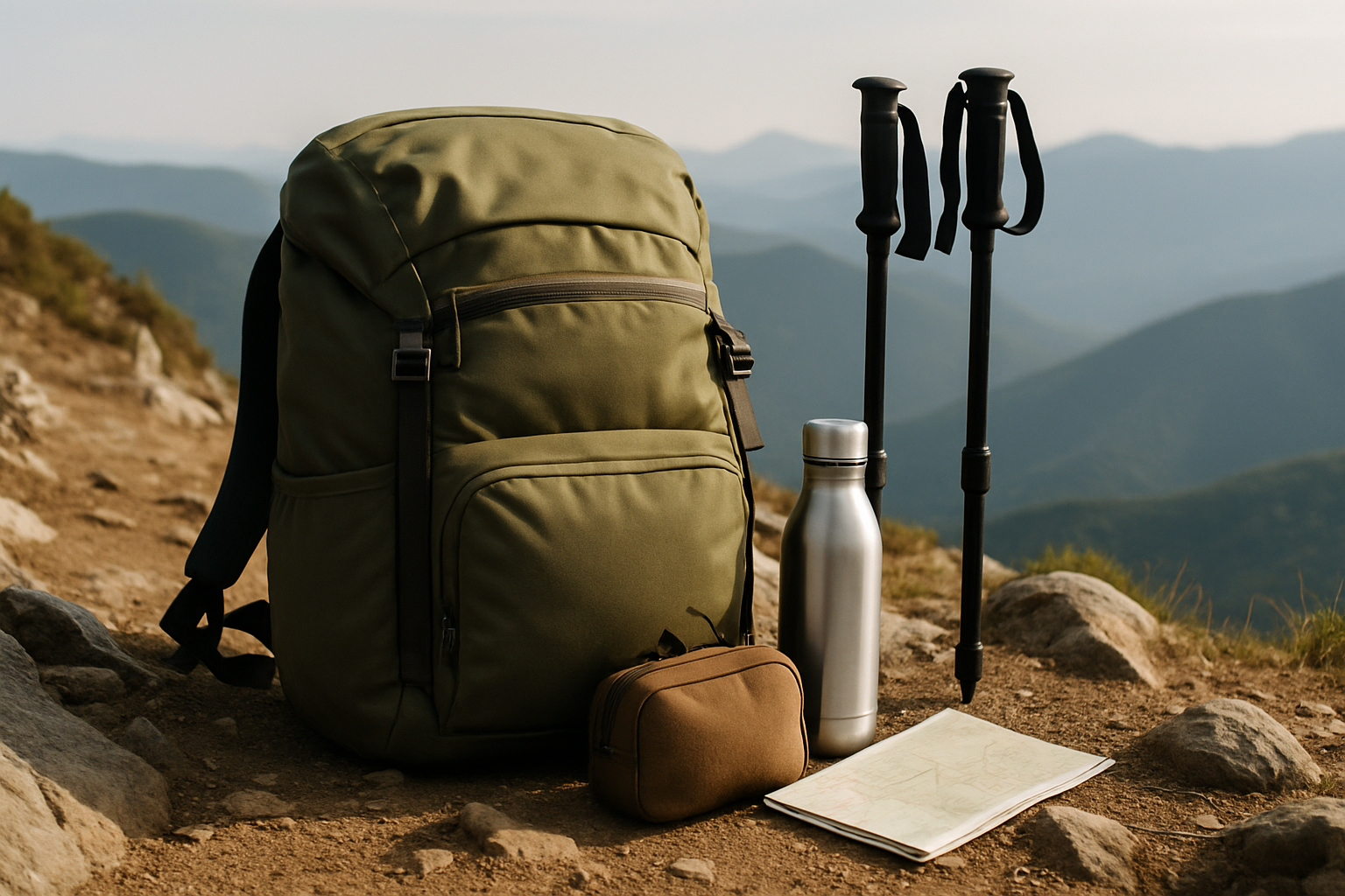 Curated hiking gear arranged on a mountain trail overlook