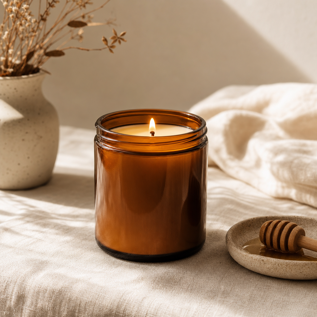 A comforting candle with mellow sweetness and a golden glow.