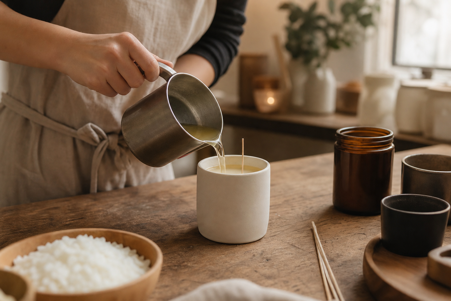 Artisan hands pouring warm soy wax into a matte ceramic candle vessel in a calm Portland studio