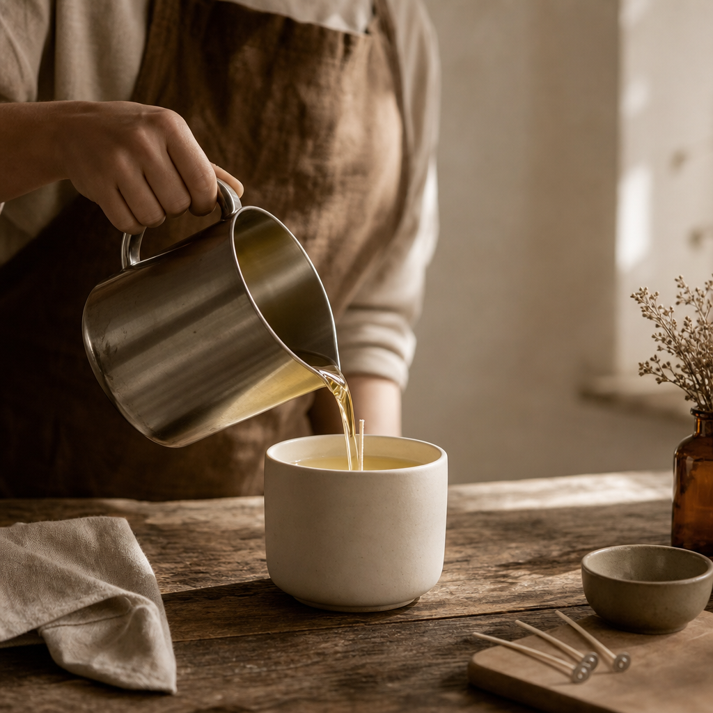 Artisan hands slowly pouring warm soy wax into a matte ceramic candle vessel on a wooden studio table