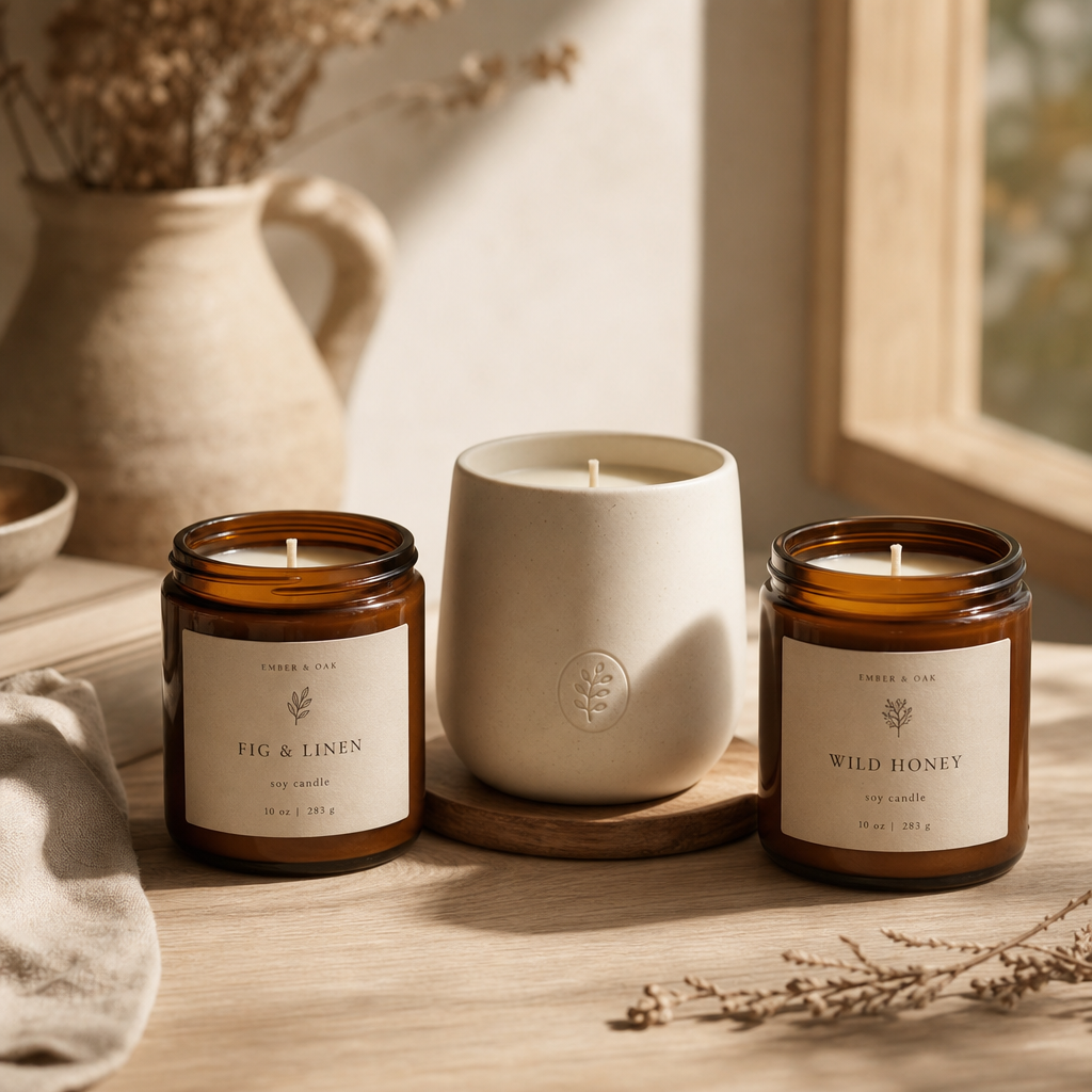 A trio of hand-poured soy candles in amber glass and matte ceramic vessels with soft linen labels