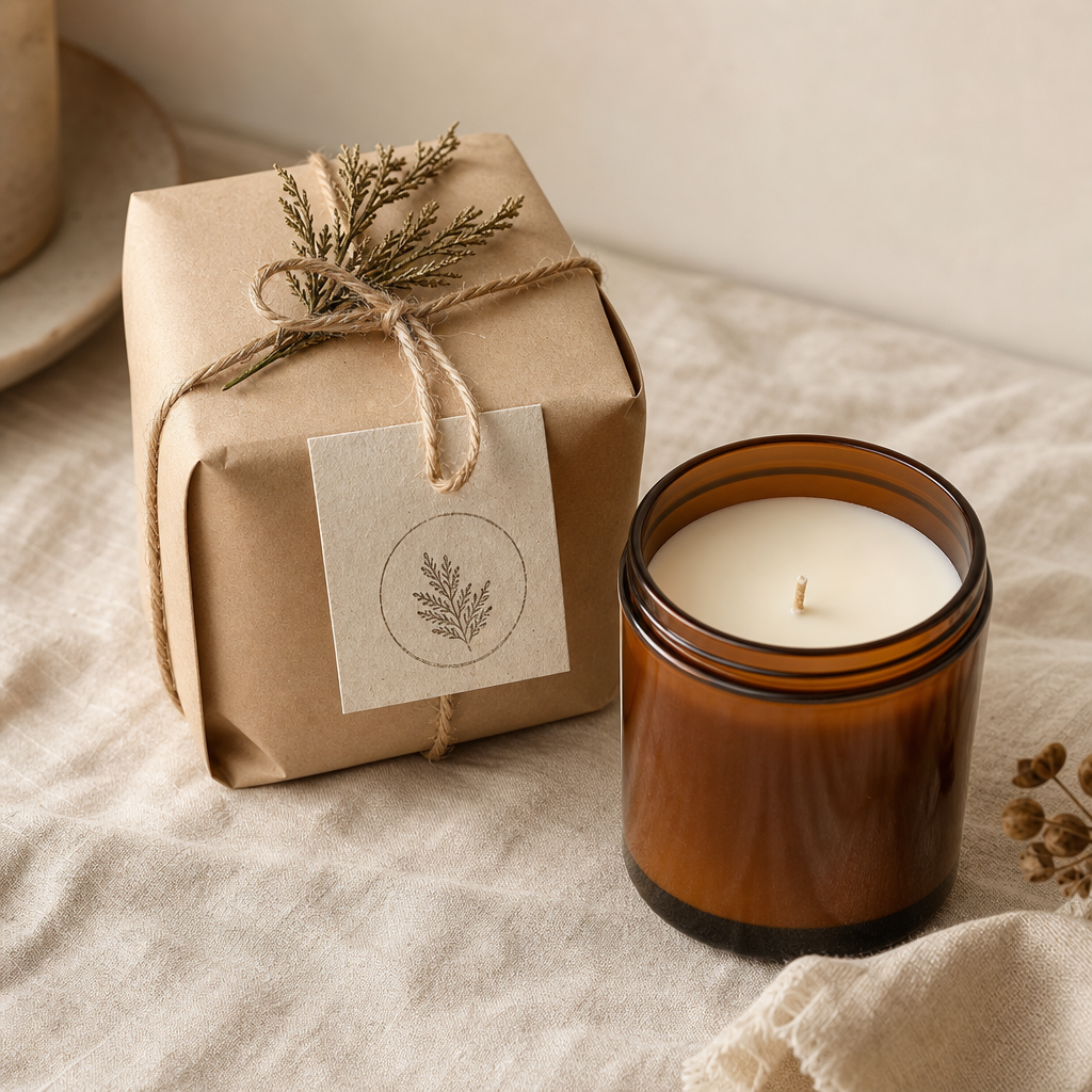 Minimal candle packaging with recycled paper wrap, twine, and a stamped label laid on linen fabric