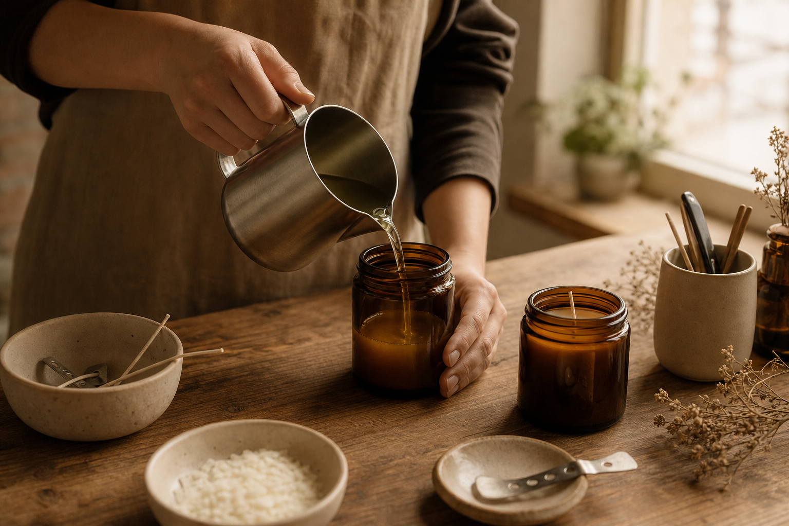 Artisan hands slowly pouring warm soy wax into an amber glass candle jar on a wooden worktable, with soft natural light and minimal tools nearby