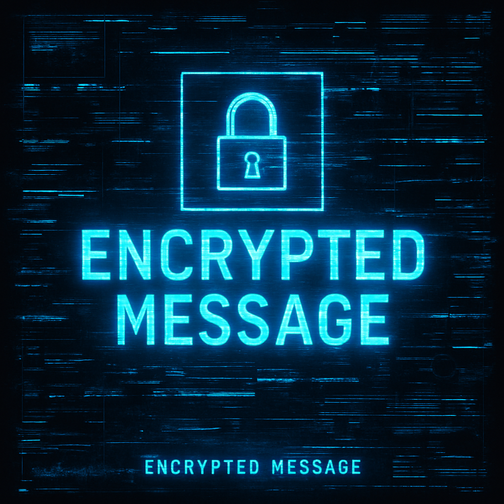 Encrypted message screen, neon blue with glitch overlays