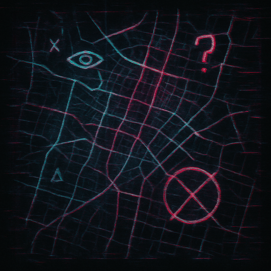 Cryptic digital map with neon highlights and glitch effect