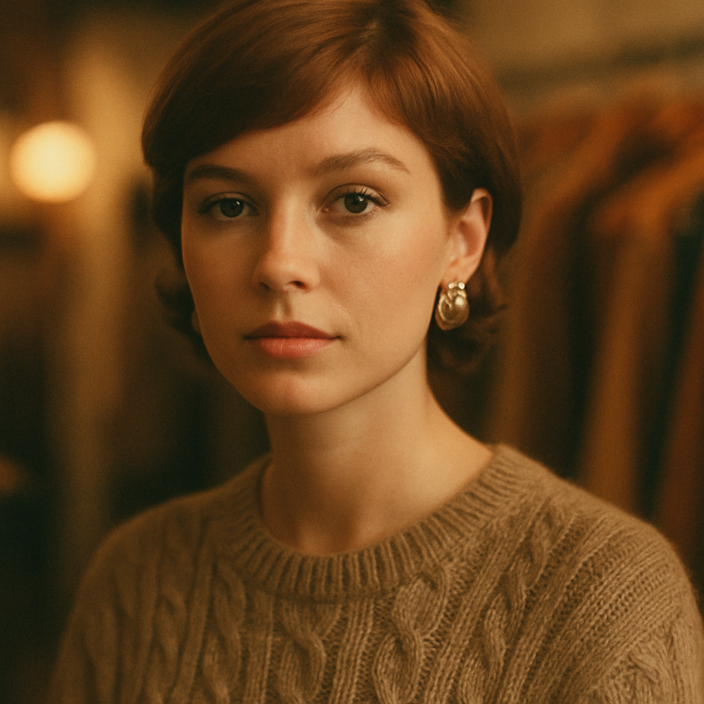 Soft focus portrait of a woman with short auburn hair and vintage earrings, wearing a knit sweater.