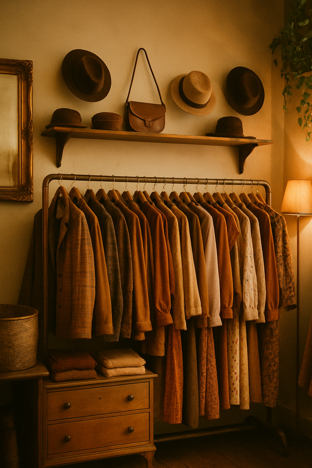 Cozy vintage boutique interior with a wooden rack of 70s and 80s garments in warm tones