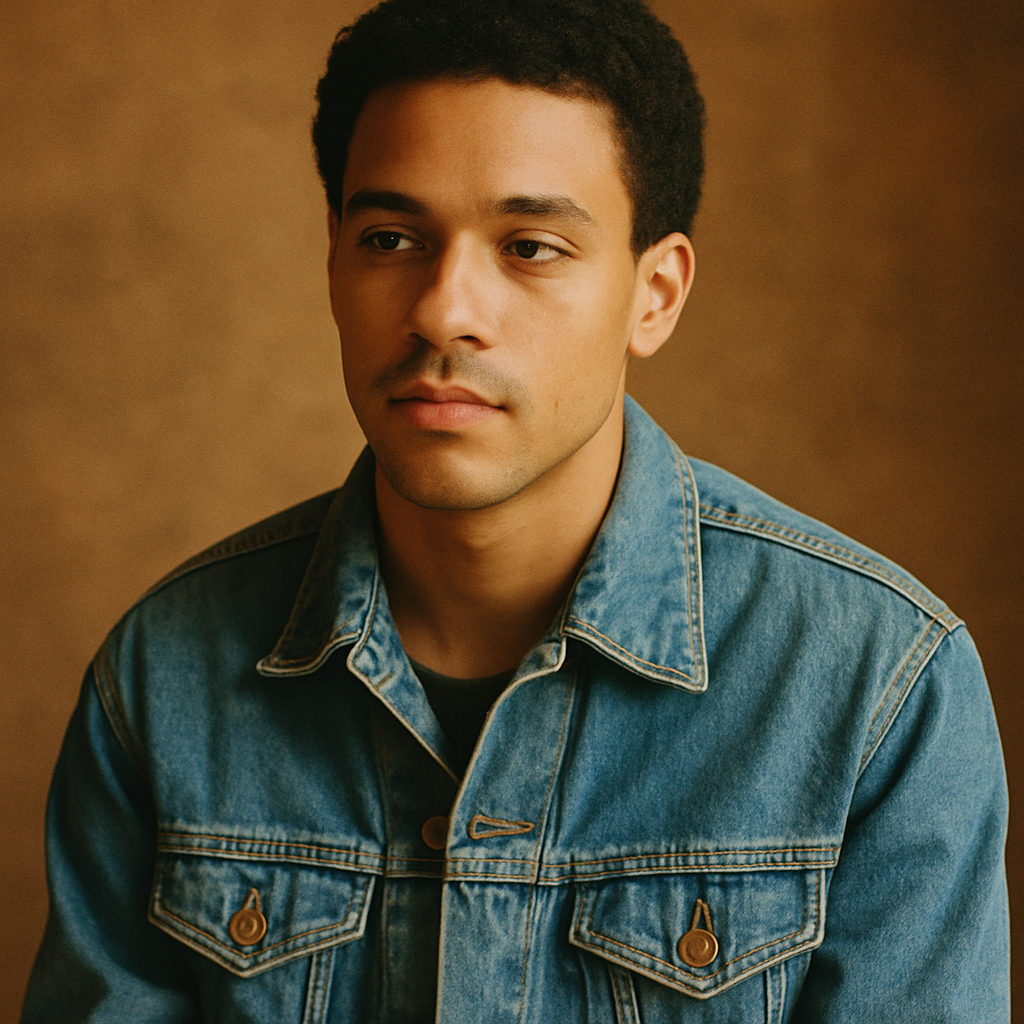 Portrait of a young man with short curly hair wearing a vintage denim jacket, softly lit.