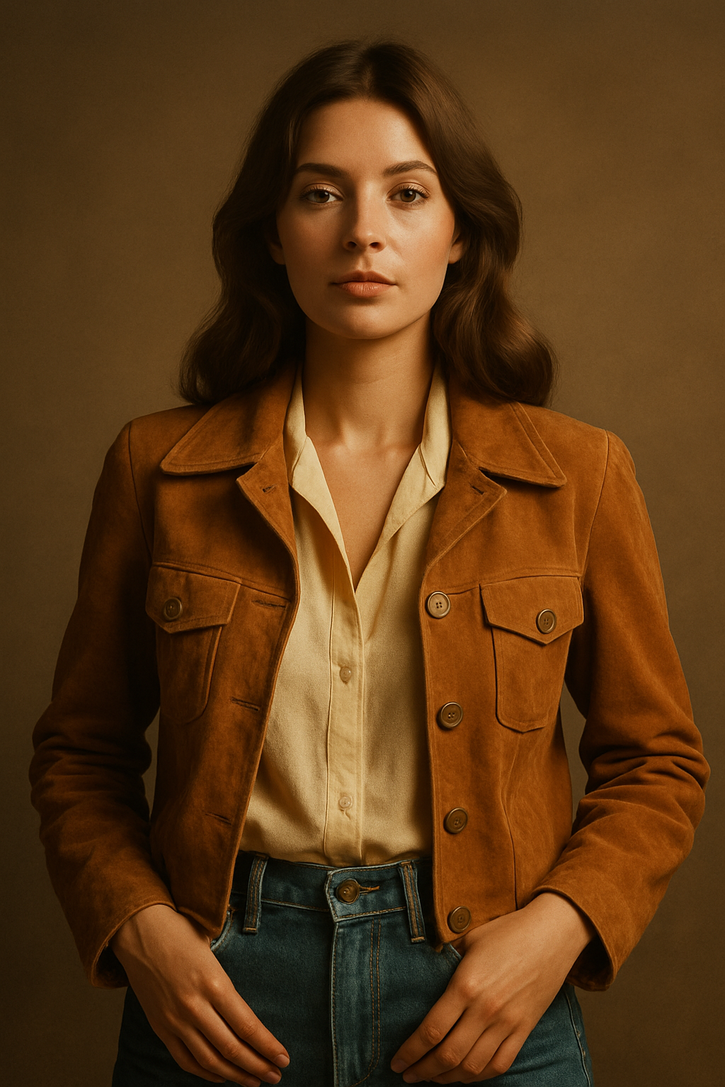 Vintage fashion portrait of a woman wearing a caramel suede jacket and high-waisted denim, warm studio lighting