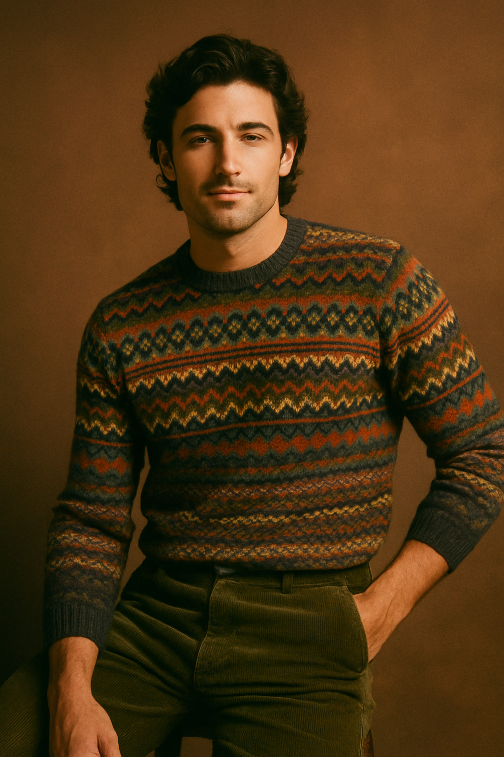 Retro fashion editorial of a man in a patterned knit sweater and corduroy trousers, muted earthy backdrop