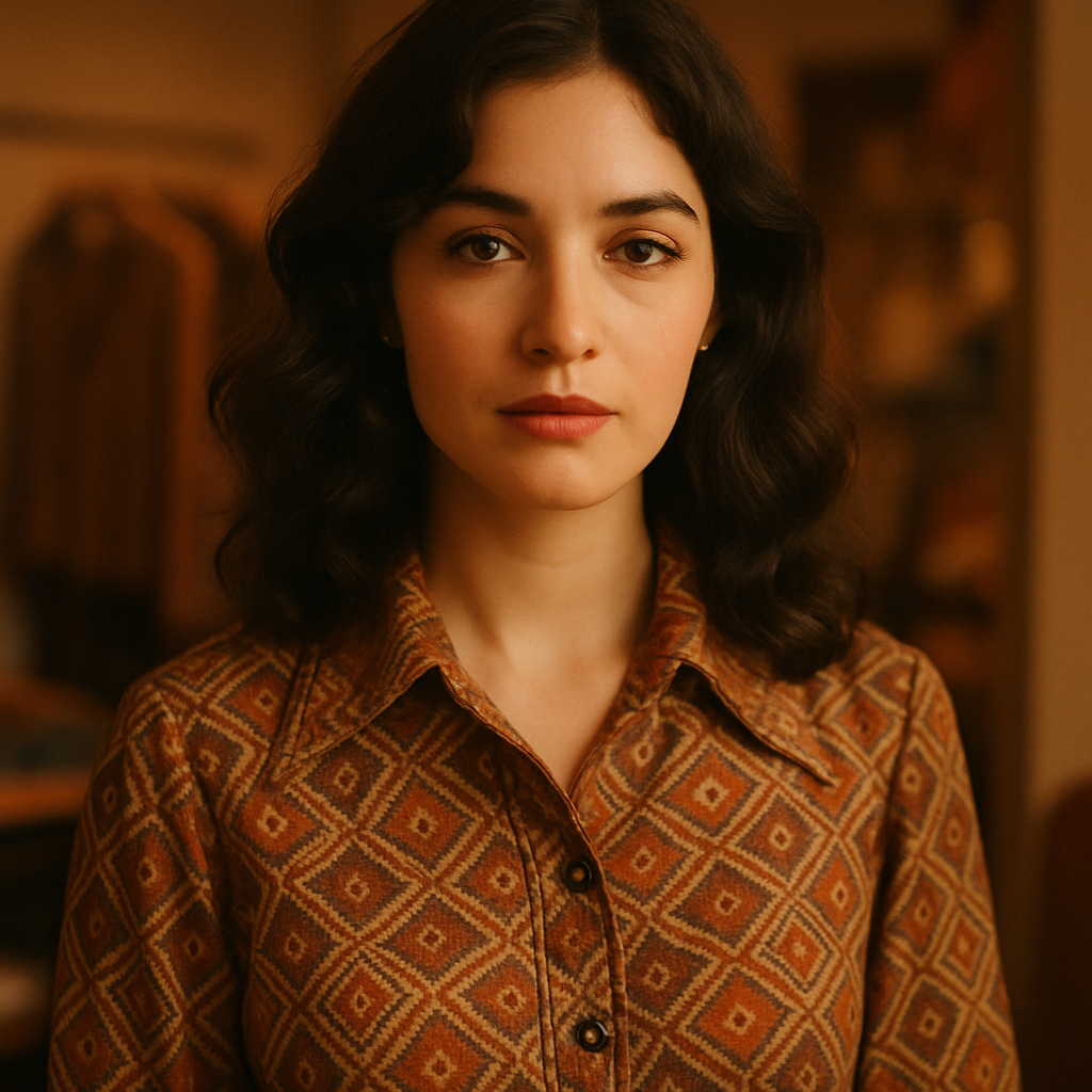 Warm-toned portrait of a stylish woman with wavy dark hair wearing a patterned vintage blouse.