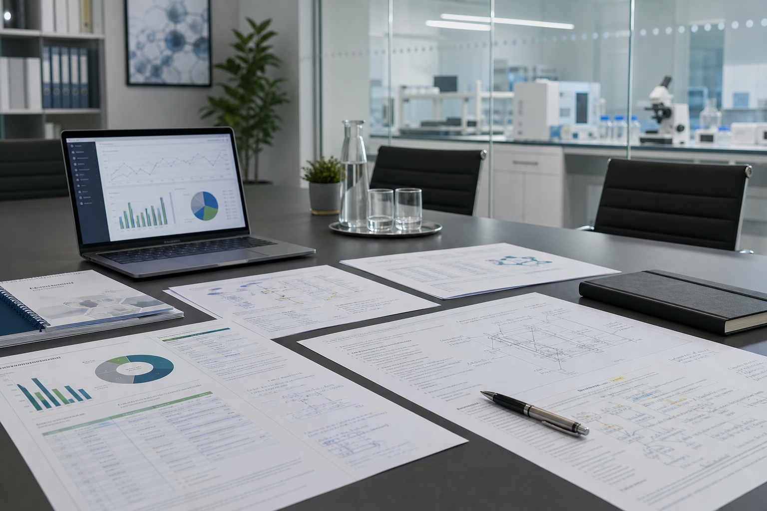 Professional scientific advisory setting with technical review documents, annotated charts, and lab-adjacent consultation materials on a conference table