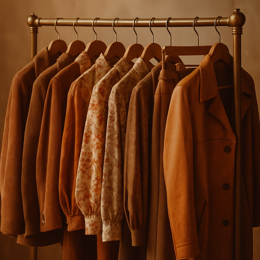 Warm film-style photo of a vintage clothing rack with 70s and 80s garments in earthy tones