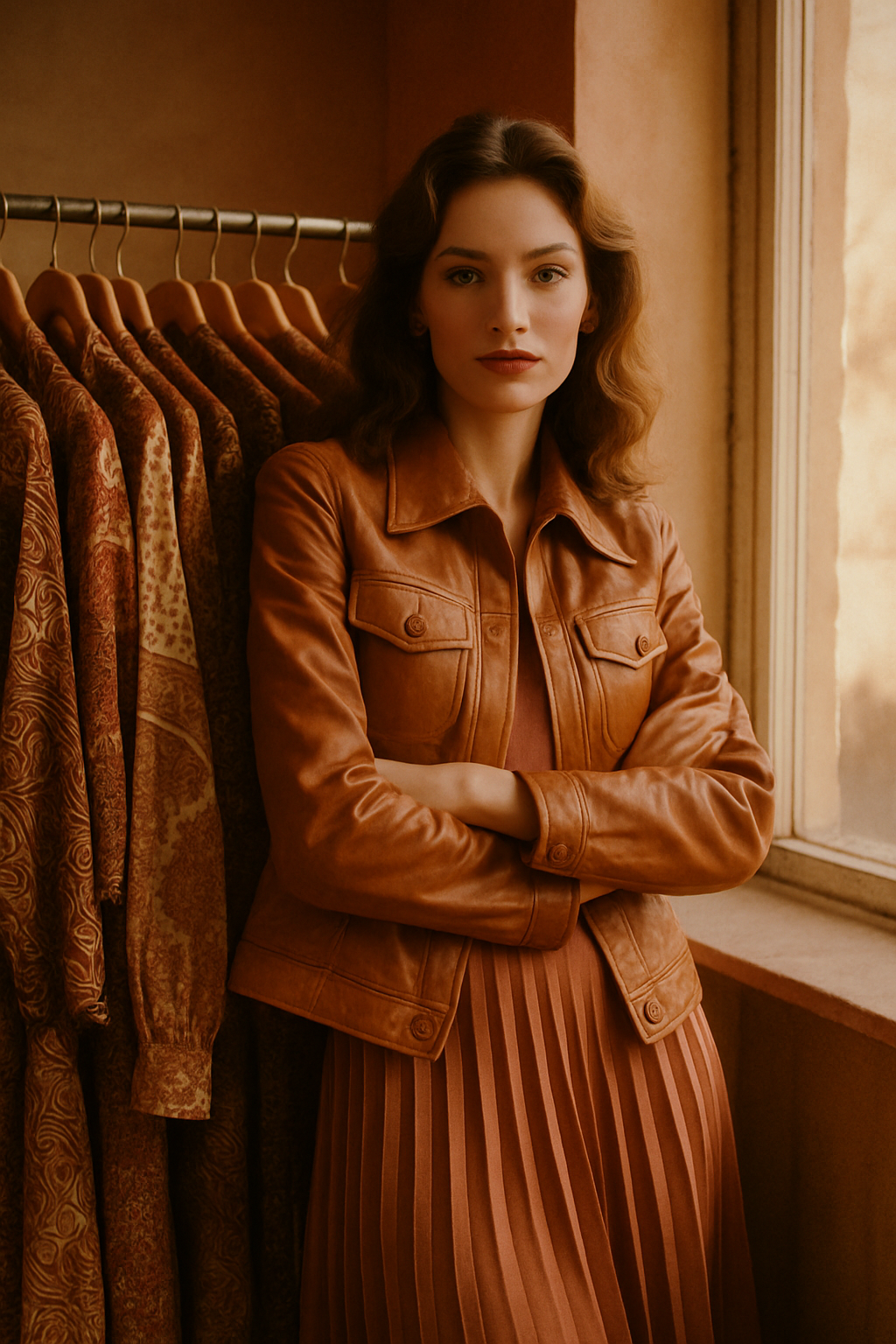 Warm film-style portrait of a stylish woman in a caramel leather jacket and pleated skirt, leaning against a vintage boutique rack with soft golden light and subtle grain