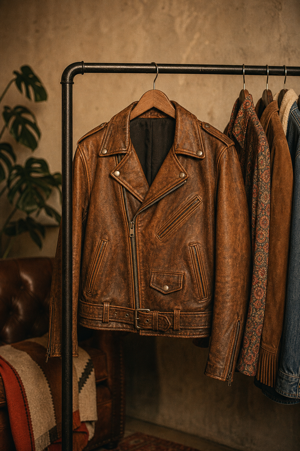 Cognac leather biker jacket with vintage patina hanging on a clothing rack