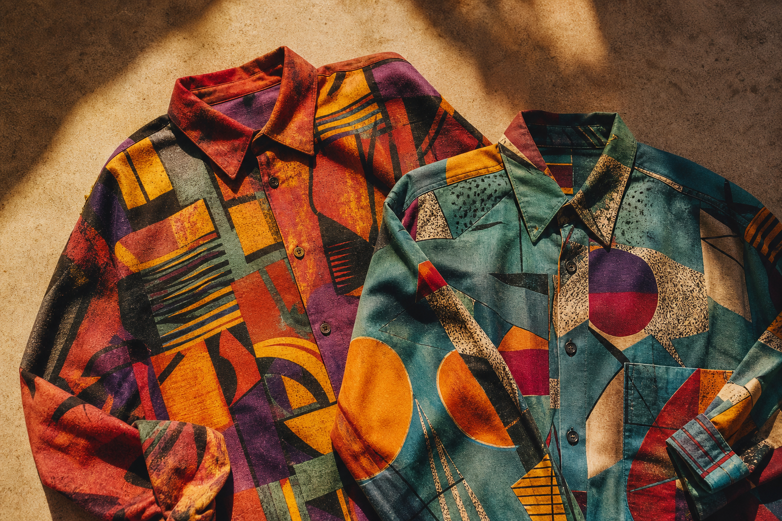 Flat lay of two bold 80s printed shirts with abstract patterns and saturated colors