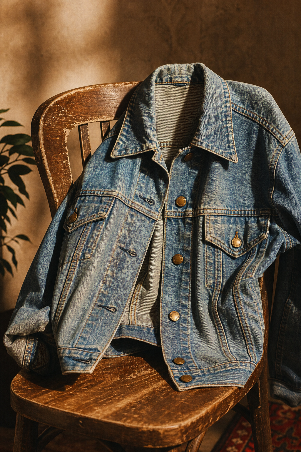 Sun-faded vintage denim jacket with brass buttons draped over a wooden chair