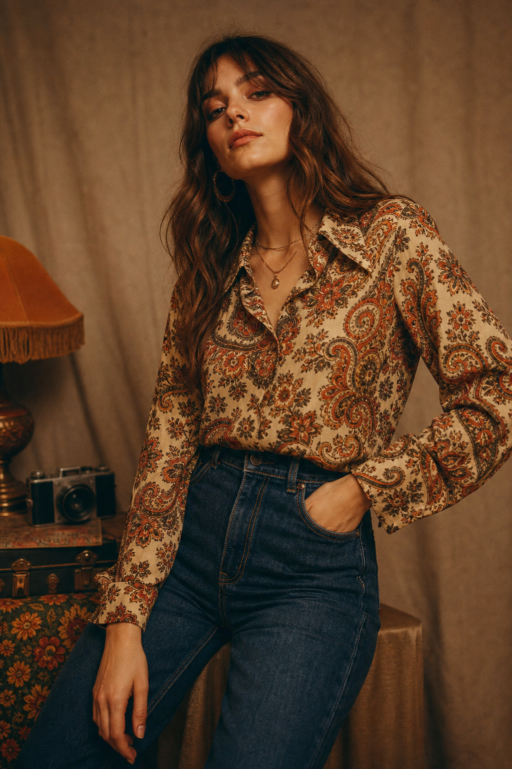 Warm editorial portrait of a model wearing a 70s patterned blouse and high-waist denim, lit like a cinematic film still