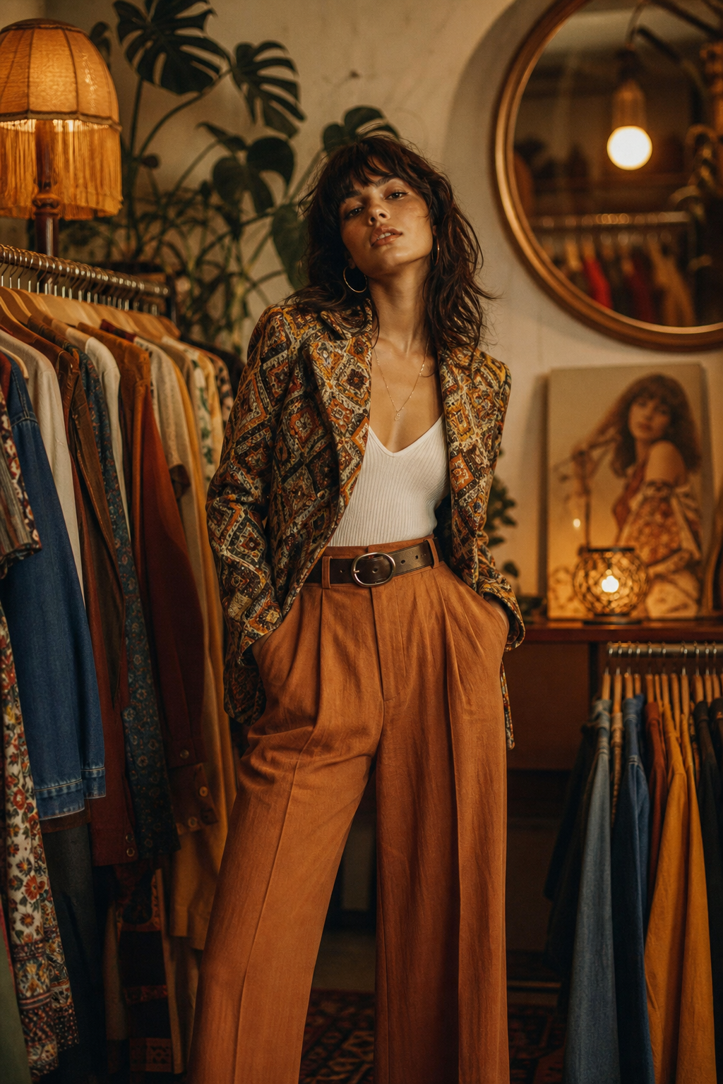 A stylish young model wearing a vintage 70s patterned blazer and wide-leg trousers, standing in warm cinematic light with a retro boutique backdrop.