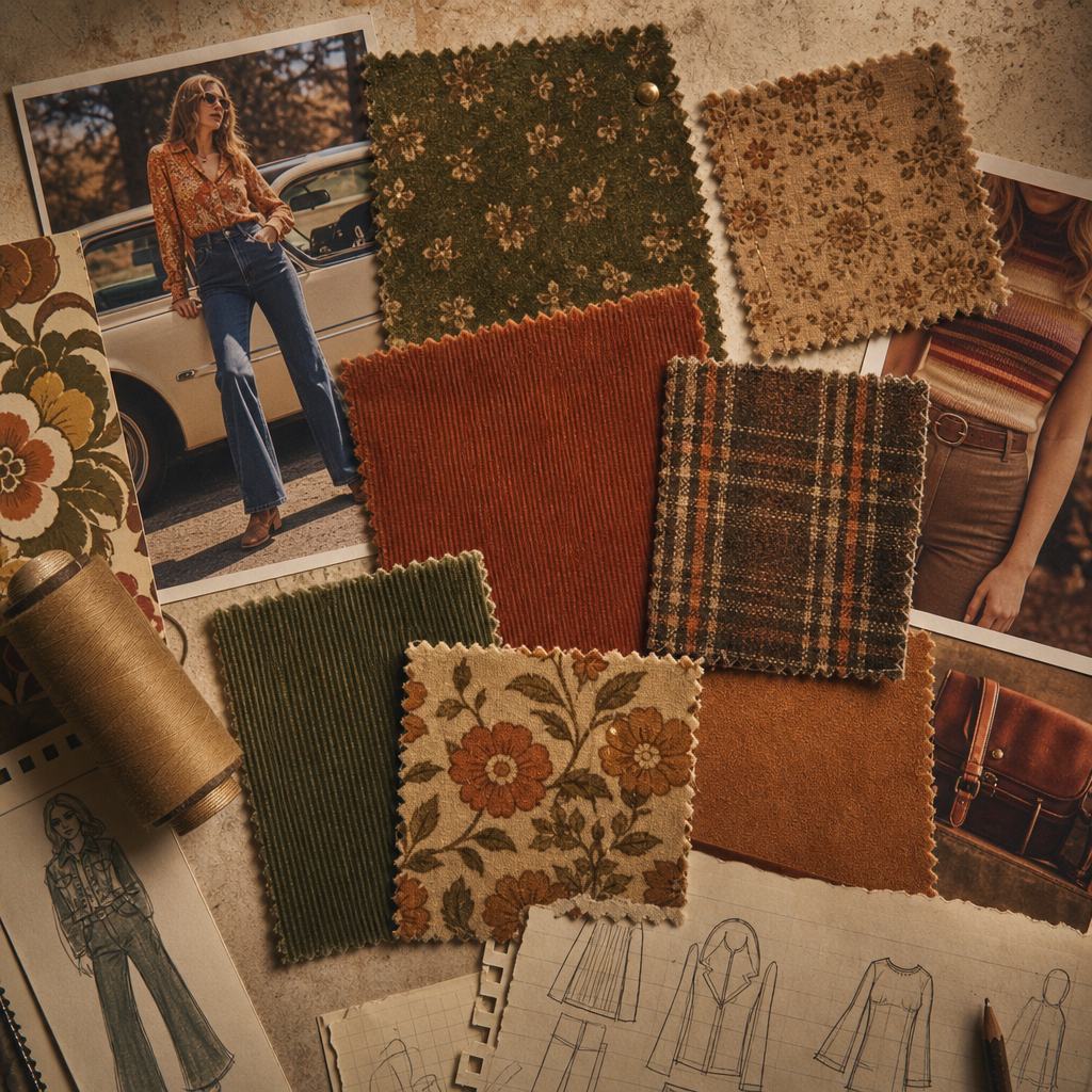 Collage of vintage fabric swatches in earthy tones with subtle grain and handwritten styling notes