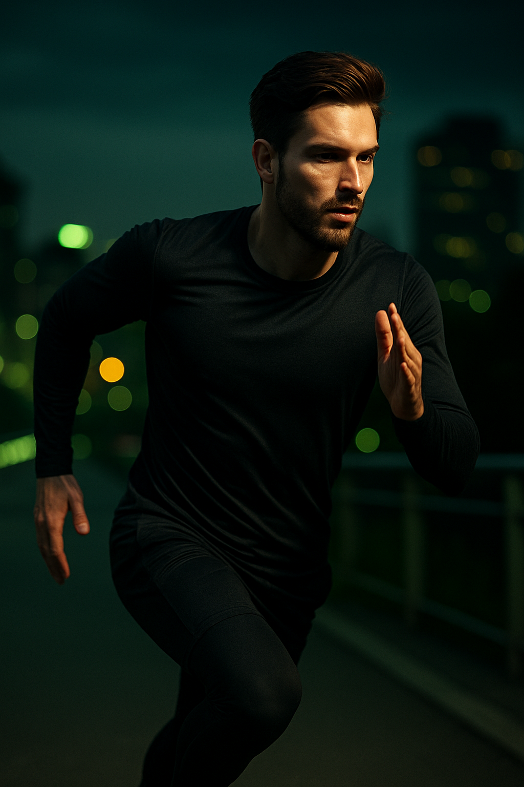 Lean man running outdoors demonstrating improved cardiovascular endurance after training program