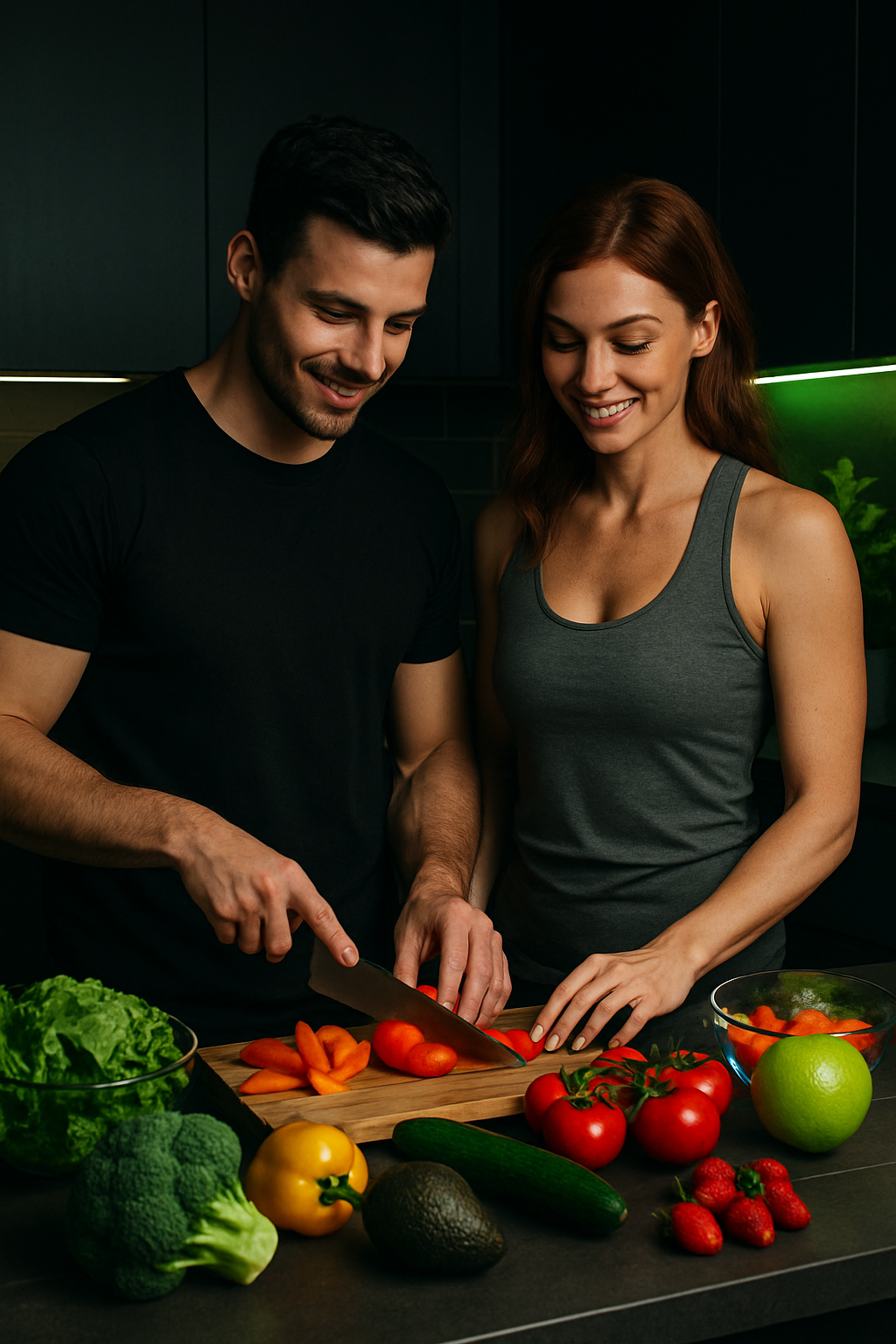 Healthy couple preparing nutritious meal together in kitchen after completing lifestyle transformation