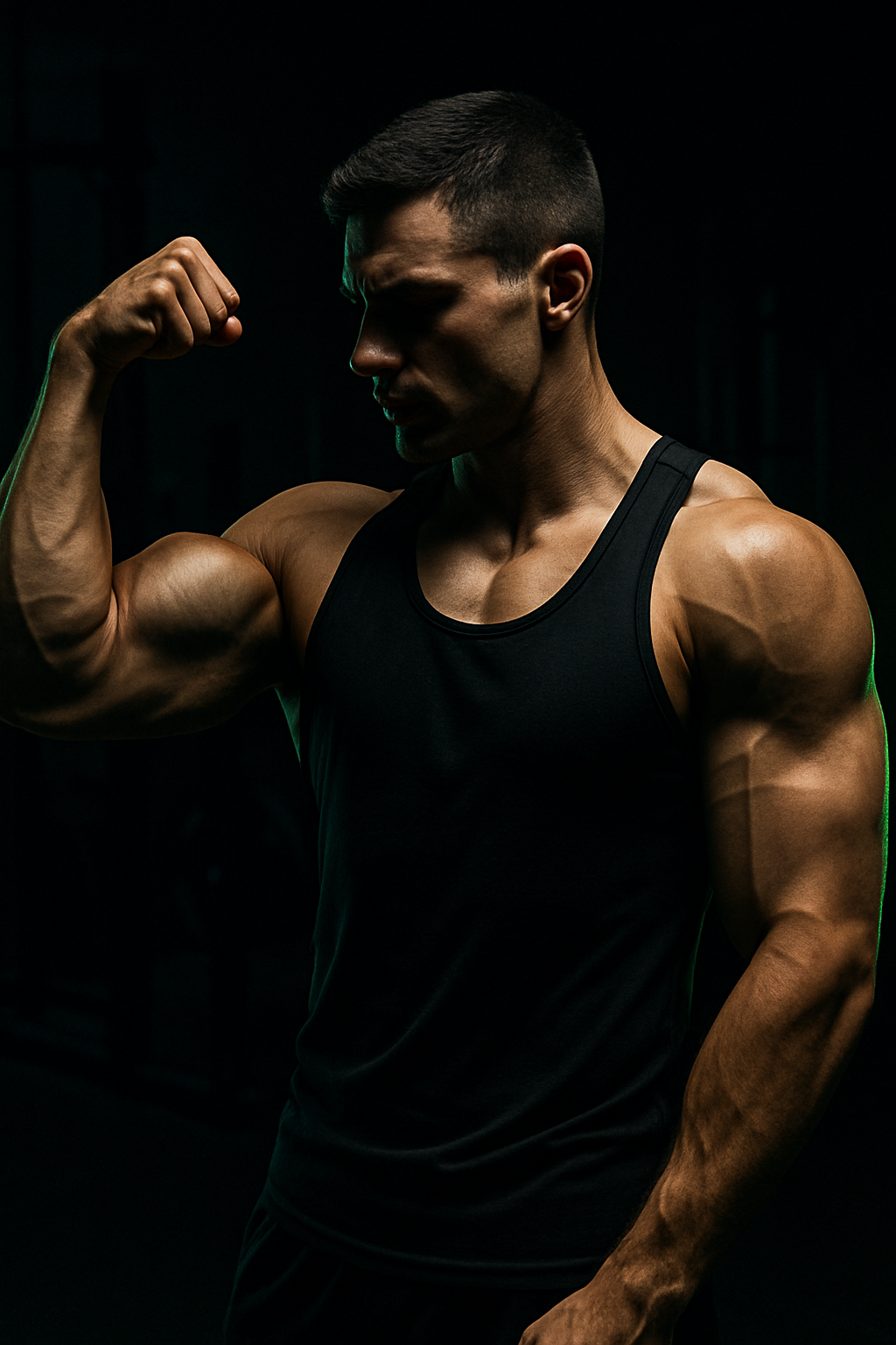 Athletic man flexing after 12-week strength transformation showing defined arms and shoulders