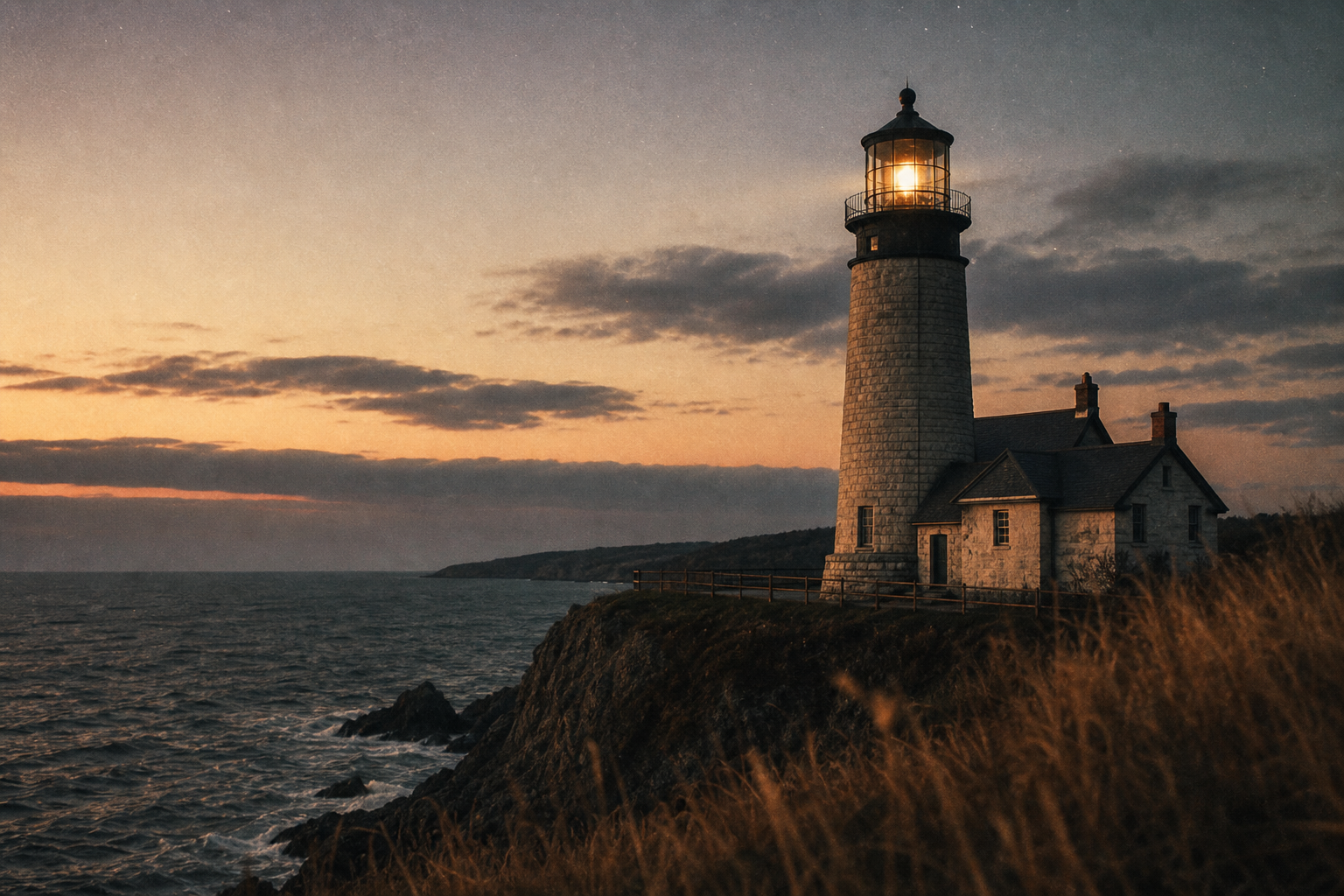 Cliffside lighthouse tower at dusk with warm beacon glow above a darkening sea