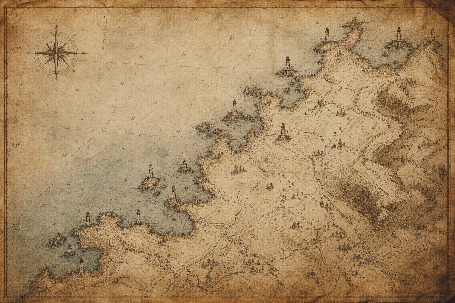 Parchment-toned northern coastline chart with subtle contour lines and archival lighthouse marker symbols