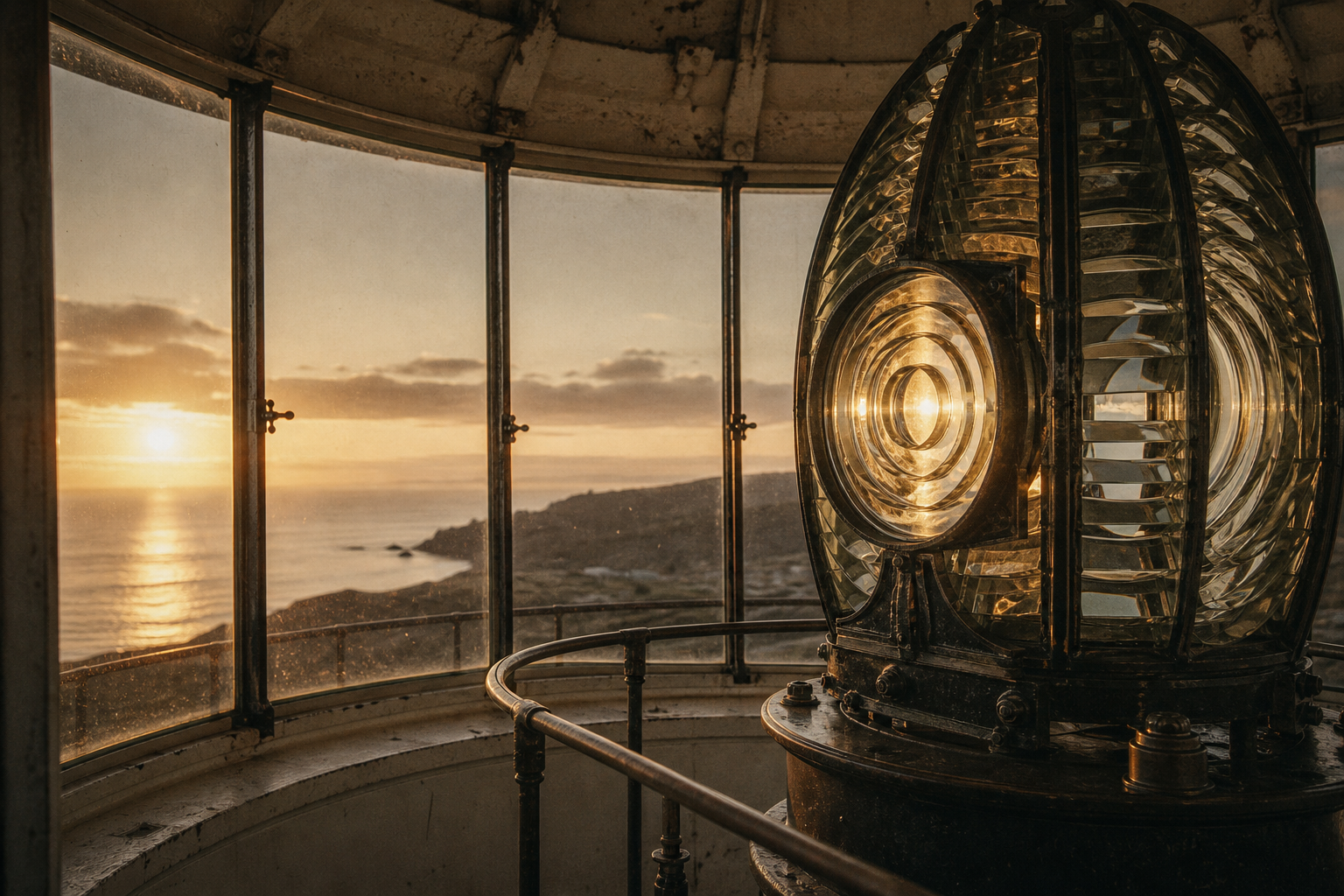 Interior of a lighthouse beacon room at dawn with a polished Fresnel lens, pale amber light, iron framing, and soft grain-like archival atmosphere