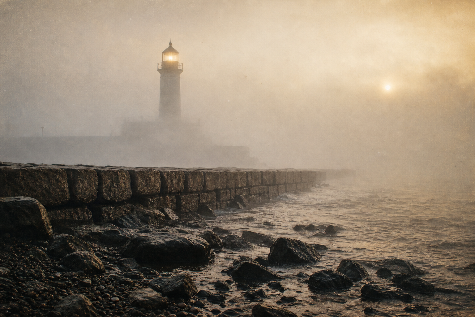 Shoreline lighthouse beacon emerging through heavy fog beside a stone breakwater