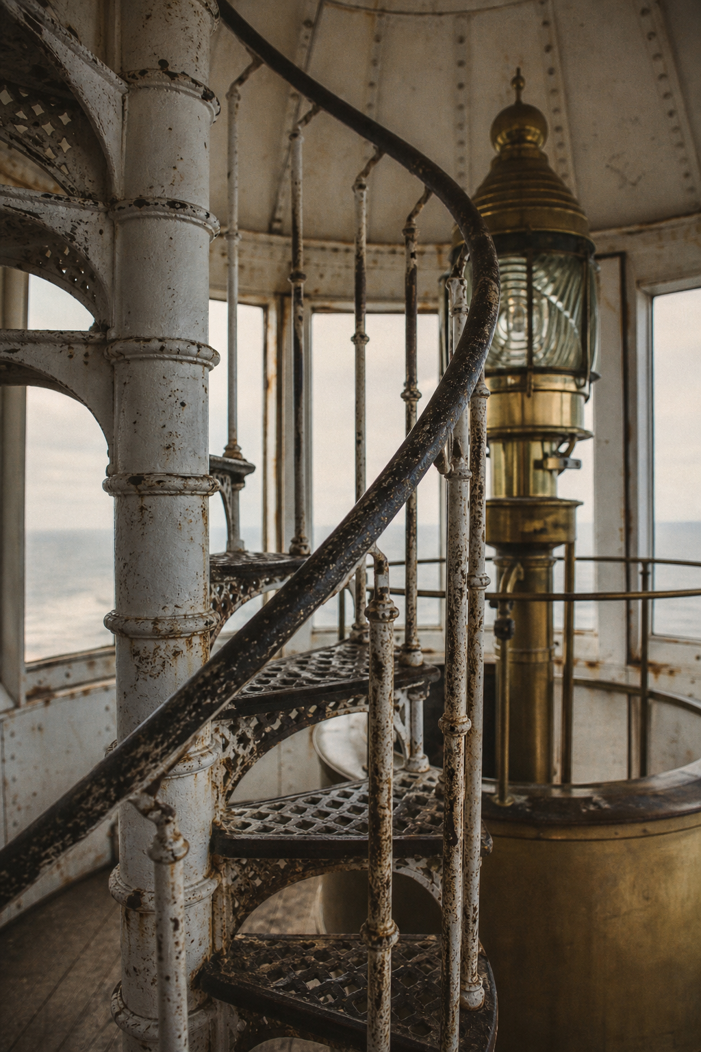 Weathered cast-iron spiral stair rising into a lighthouse lantern room, with brass fittings, salt-worn paint, and warm archival film grain